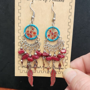 Bohemian Chandelier Earrings Handcrafted Dream Catcher With Bead Feather Accents